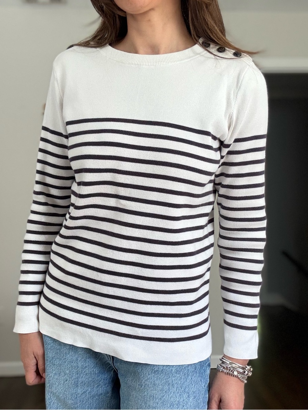 Petit Bateau Striped Crewneck Button-Shoulder Sweater in White and Navy Blue